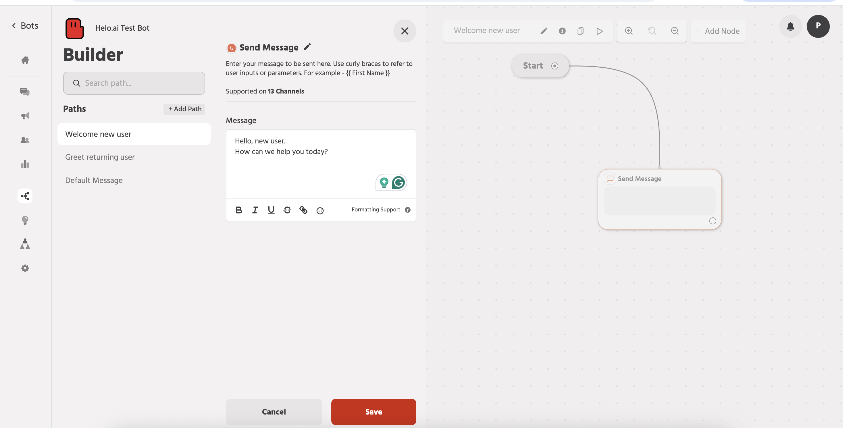 Add Your First Message Node in whatsapp chatbot